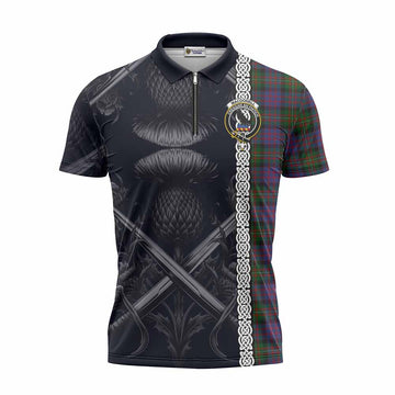 MacDonell (McDonell) Tartan Zipper Polo Shirt with Family Crest Cross Sword Thistle Celtic Vibes Unisex - Tartan Vibes Clothing