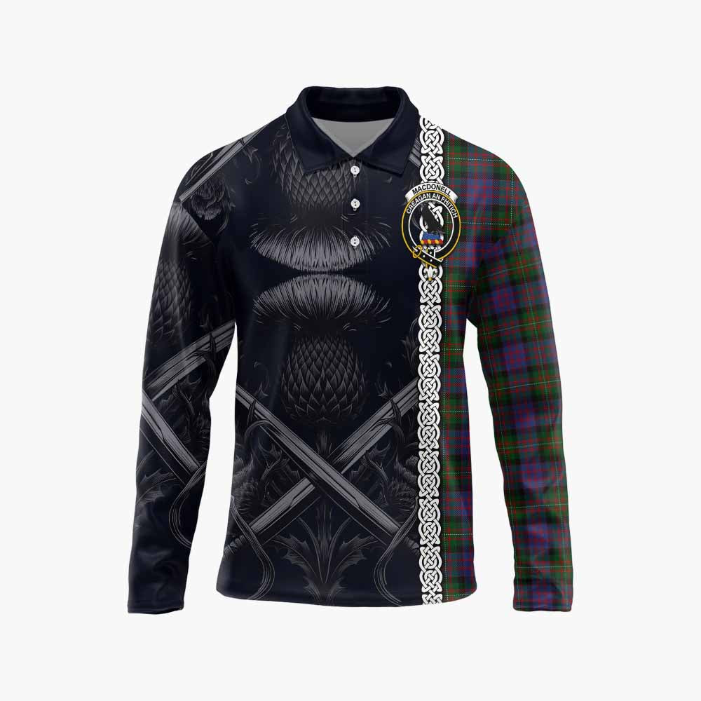 MacDonell (McDonell) Tartan Long Sleeve Polo Shirt with Family Crest Cross Sword Thistle Celtic Vibes Unisex - Tartan Vibes Clothing
