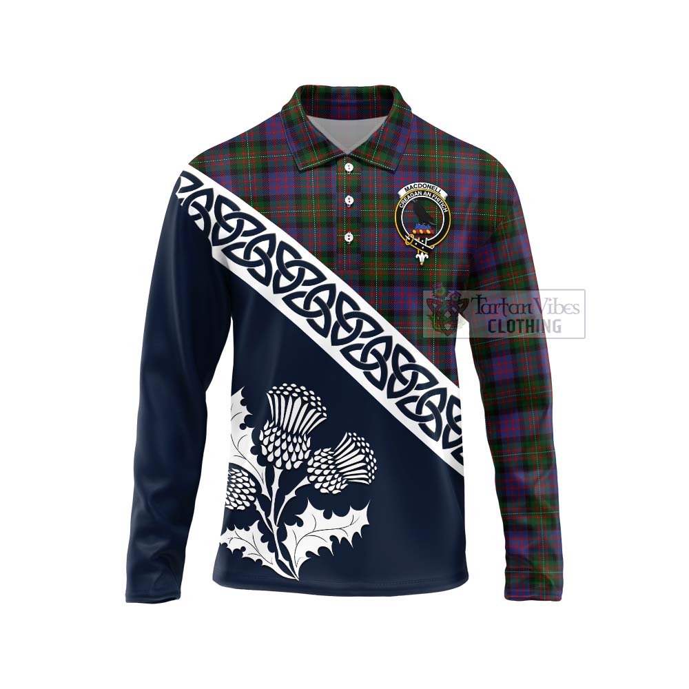 MacDonell (McDonell) Tartan Long Sleeve Polo Shirt Featuring Thistle and Scotland Map Unisex - Tartan Vibes Clothing