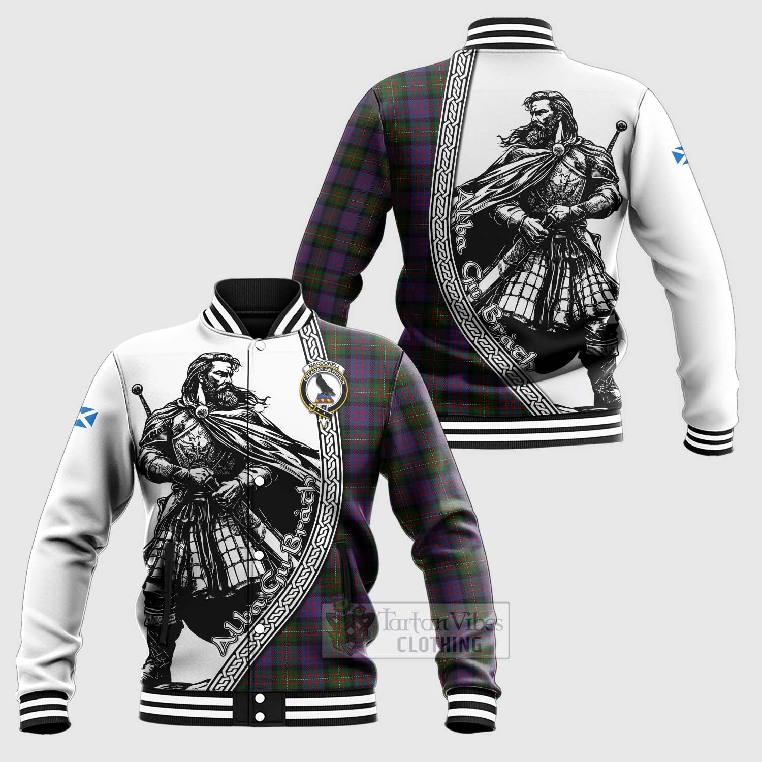 MacDonell (McDonell) Tartan Clan Crest Baseball Jacket with Highlander Warrior Celtic Style Unisex - Tartan Vibes Clothing