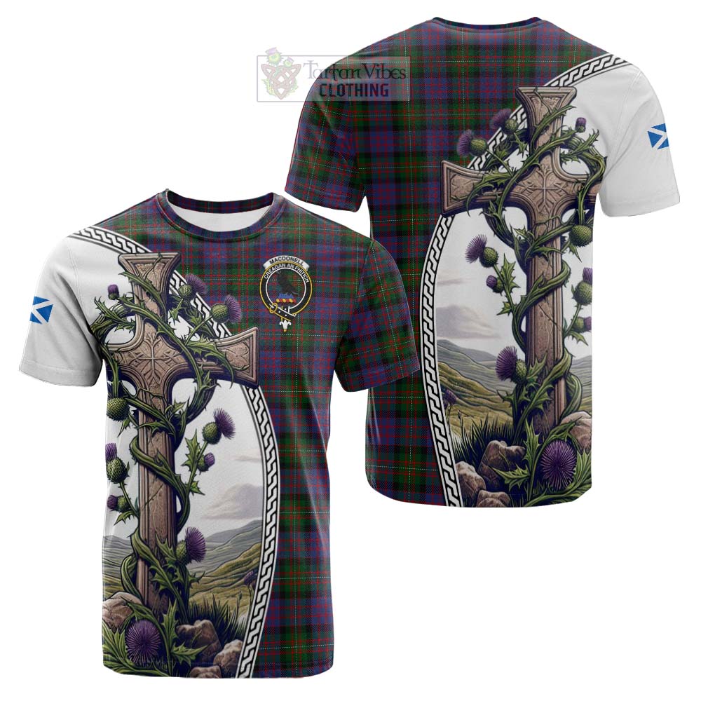 MacDonell (McDonell) Tartan Cotton T-shirt with Family Crest and St. Andrew's Cross Accented by Thistle Vines Kid's Shirt - Tartan Vibes Clothing