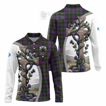 MacDonell (McDonell) Tartan Long Sleeve Polo Shirt with Family Crest and St. Andrew's Cross Accented by Thistle Vines Unisex - Tartan Vibes Clothing