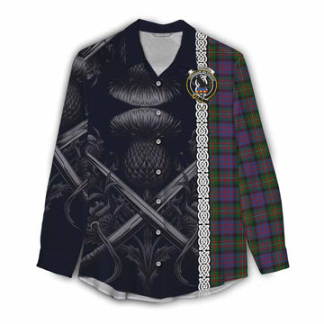 MacDonell (McDonell) Tartan Women's Casual Shirt with Family Crest Cross Sword Thistle Celtic Vibes Female - Tartan Vibes Clothing