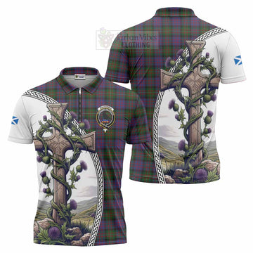 MacDonell (McDonell) Tartan Zipper Polo Shirt with Family Crest and St. Andrew's Cross Accented by Thistle Vines Unisex - Tartan Vibes Clothing