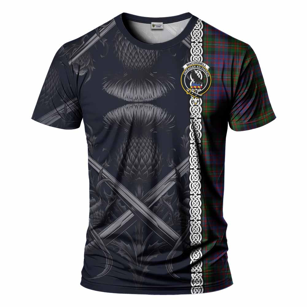Tartan Vibes Clothing MacDonell (McDonell) Tartan T-Shirt with Family Crest Cross Sword Thistle Celtic Vibes