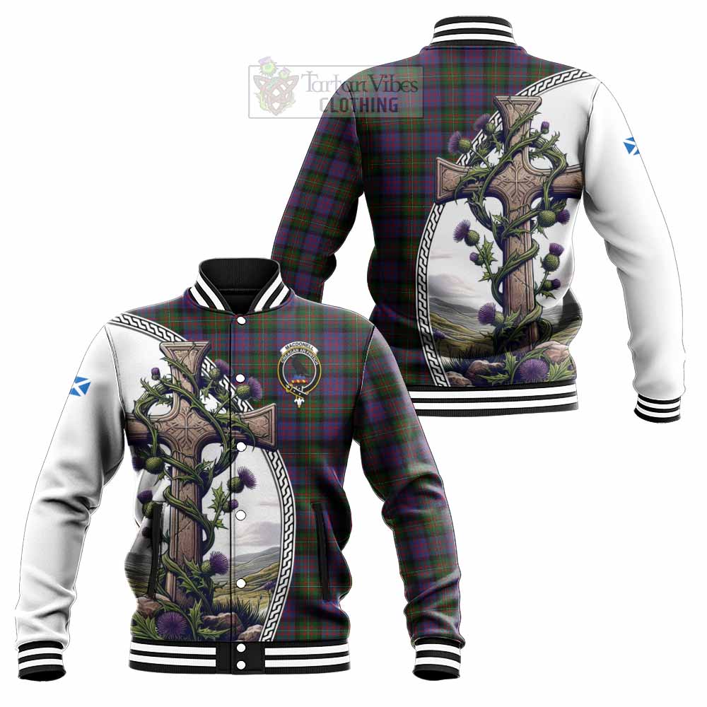 MacDonell (McDonell) Tartan Baseball Jacket with Family Crest and St. Andrew's Cross Accented by Thistle Vines Unisex - Tartan Vibes Clothing