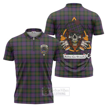 MacDonell (McDonell) Tartan Zipper Polo Shirt with Family Crest and Bearded Skull Holding Bottles of Whiskey Unisex - Tartan Vibes Clothing