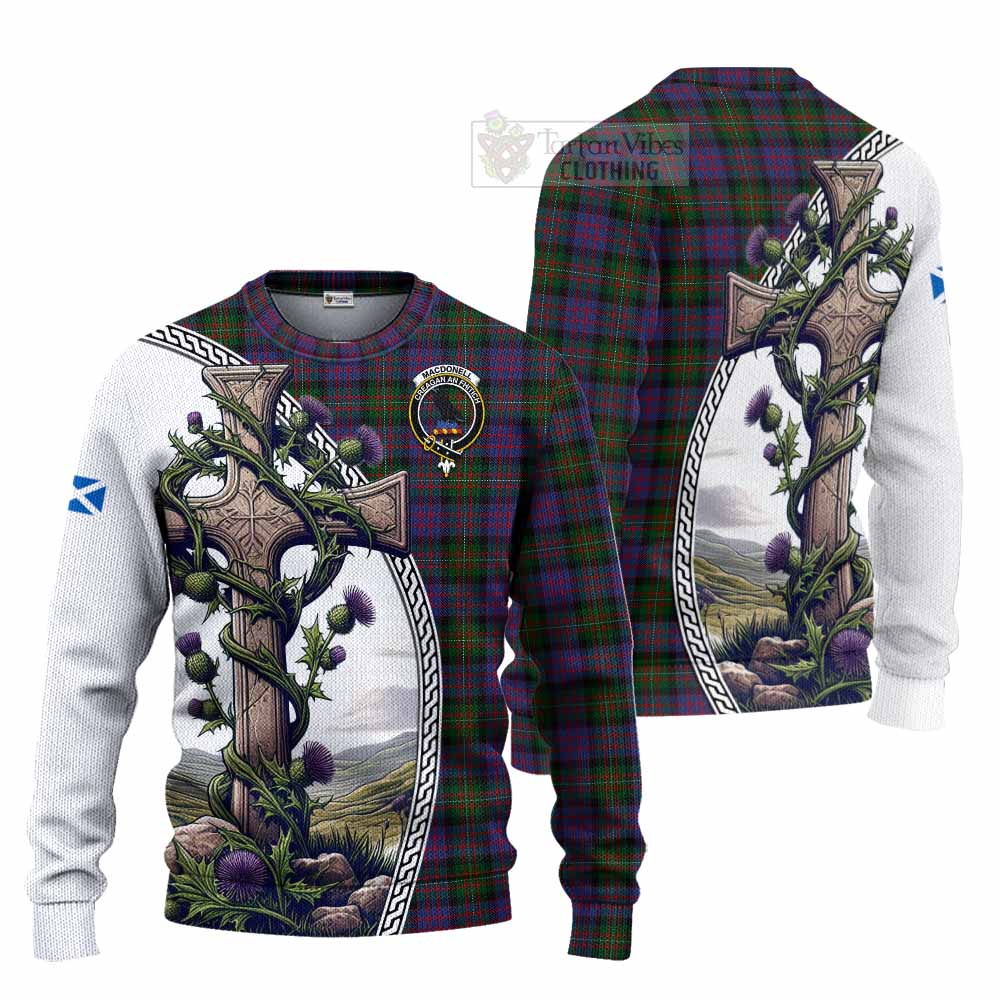 MacDonell (McDonell) Tartan Knitted Sweater with Family Crest and St. Andrew's Cross Accented by Thistle Vines Unisex - Tartan Vibes Clothing