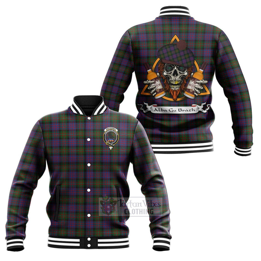 MacDonell (McDonell) Tartan Baseball Jacket with Family Crest and Bearded Skull Holding Bottles of Whiskey Unisex - Tartan Vibes Clothing