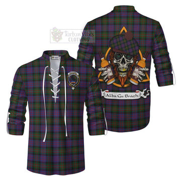 MacDonell (McDonell) Tartan Ghillie Kilt Shirt with Family Crest and Bearded Skull Holding Bottles of Whiskey Men - Tartan Vibes Clothing