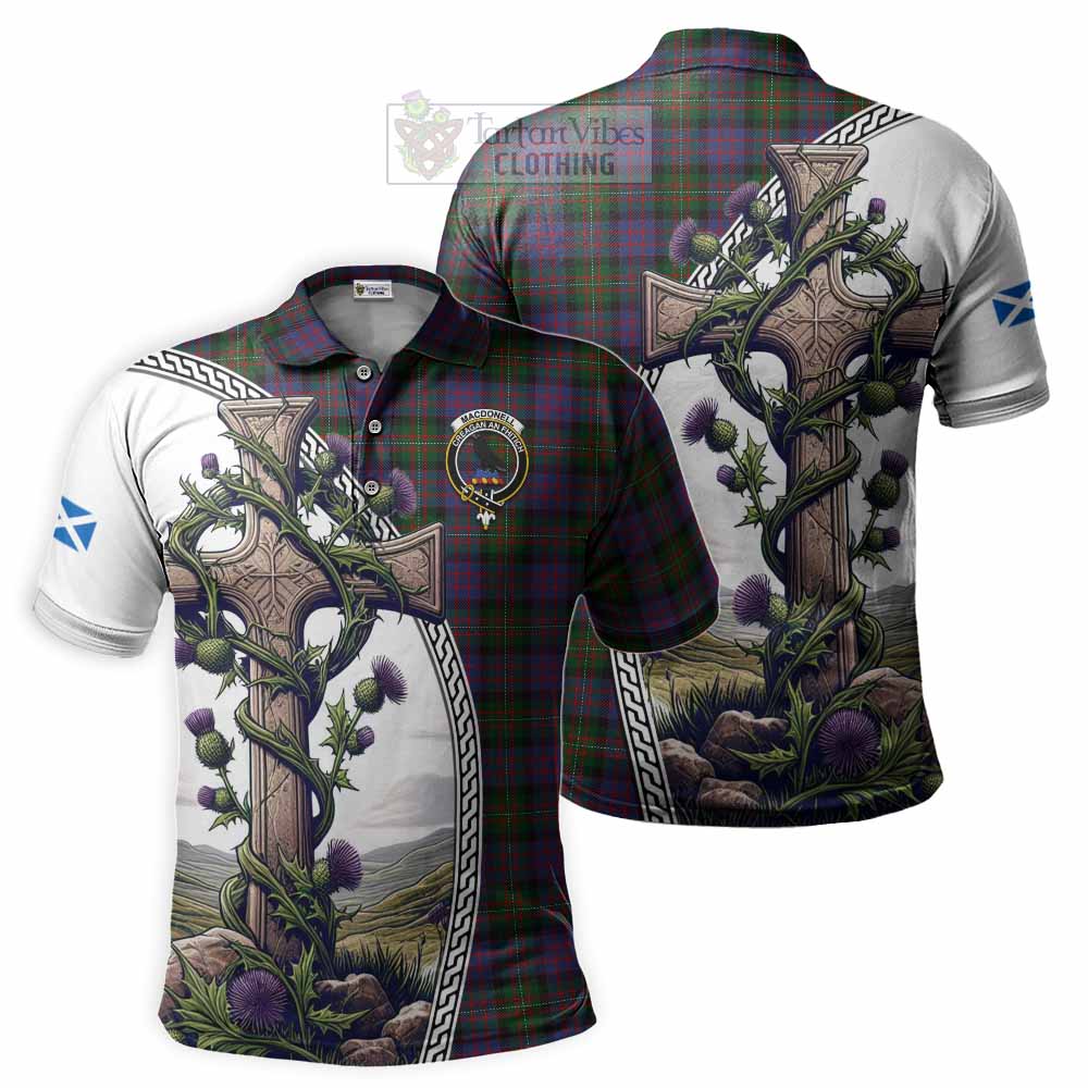 MacDonell (McDonell) Tartan Polo Shirt with Family Crest and St. Andrew's Cross Accented by Thistle Vines Kid - Tartan Vibes Clothing