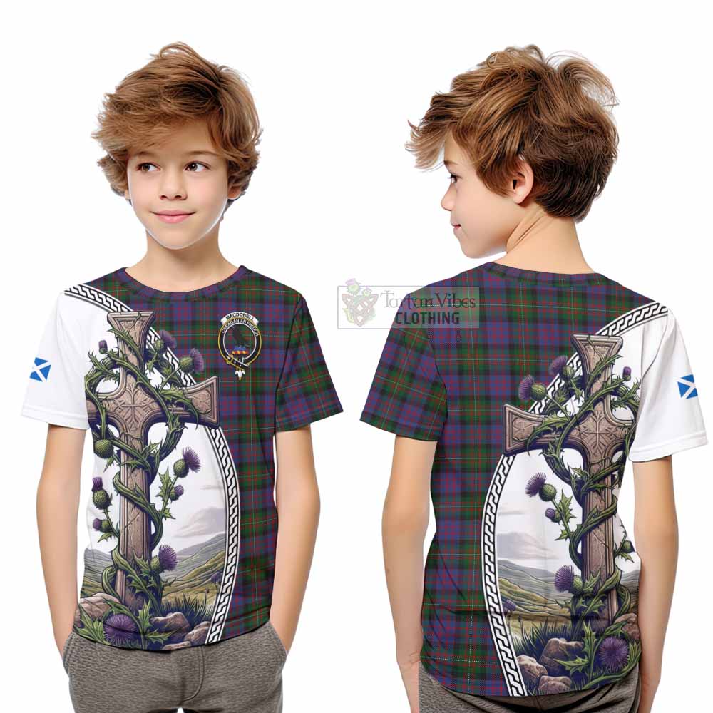 MacDonell (McDonell) Tartan Kid T-Shirt with Family Crest and St. Andrew's Cross Accented by Thistle Vines Youth XL Size14 - Tartan Vibes Clothing