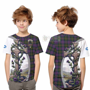 MacDonell (McDonell) Tartan Kid T-Shirt with Family Crest and St. Andrew's Cross Accented by Thistle Vines Youth XL Size14 - Tartan Vibes Clothing
