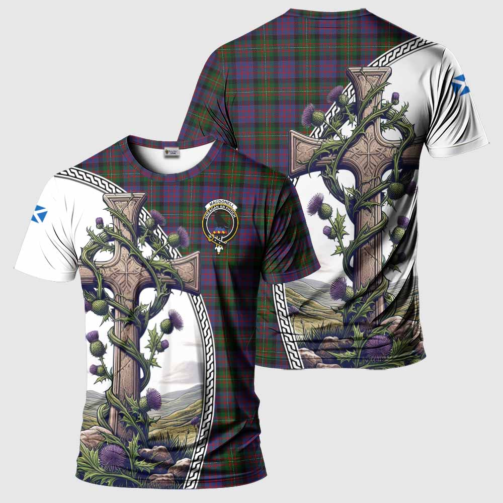 Tartan Vibes Clothing MacDonell (McDonell) Agnew Tartan T-Shirt with Family Crest and St. Andrew's Cross Accented by Thistle Vines