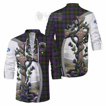 MacDonell (McDonell) Tartan Ghillie Kilt Shirt with Family Crest and St. Andrew's Cross Accented by Thistle Vines Men - Tartan Vibes Clothing