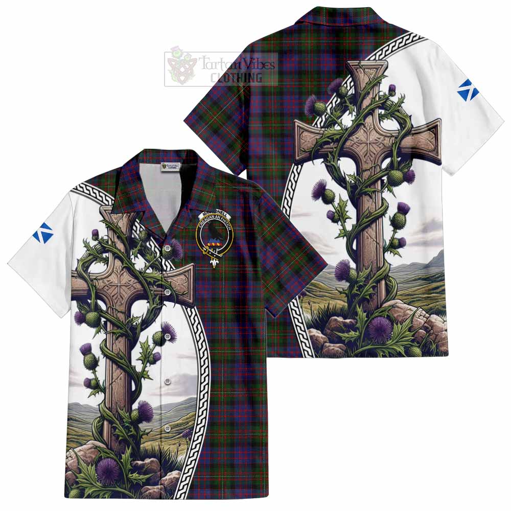 MacDonell (McDonell) Tartan Hawaiian Shirt with Family Crest and St. Andrew's Cross Accented by Thistle Vines Kid - Tartan Vibes Clothing