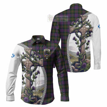 MacDonell (McDonell) Tartan Long Sleeve Button Shirt with Family Crest and St. Andrew's Cross Accented by Thistle Vines Men's Shirt S - Tartan Vibes Clothing