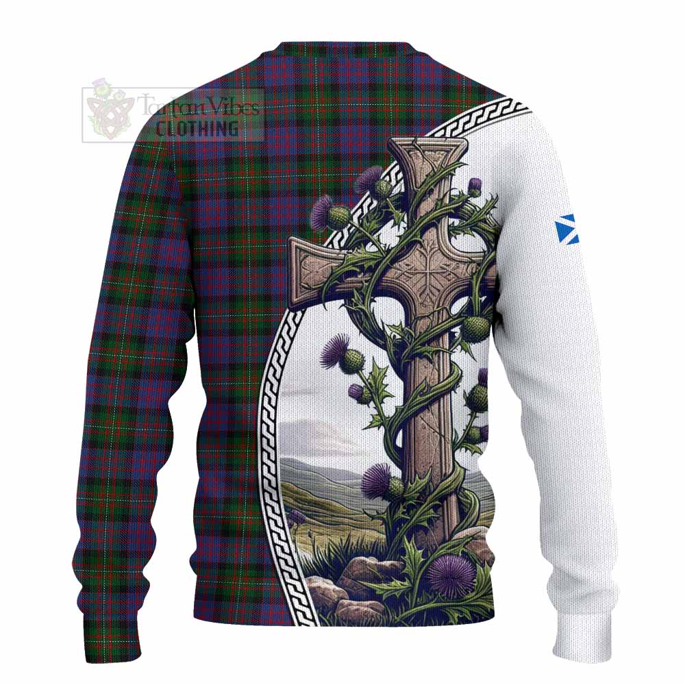 MacDonell (McDonell) Tartan Knitted Sweater with Family Crest and St. Andrew's Cross Accented by Thistle Vines - Tartan Vibes Clothing
