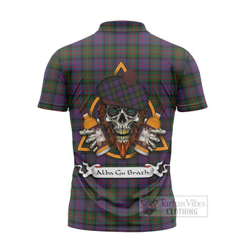 MacDonell (McDonell) Tartan Zipper Polo Shirt with Family Crest and Bearded Skull Holding Bottles of Whiskey - Tartan Vibes Clothing