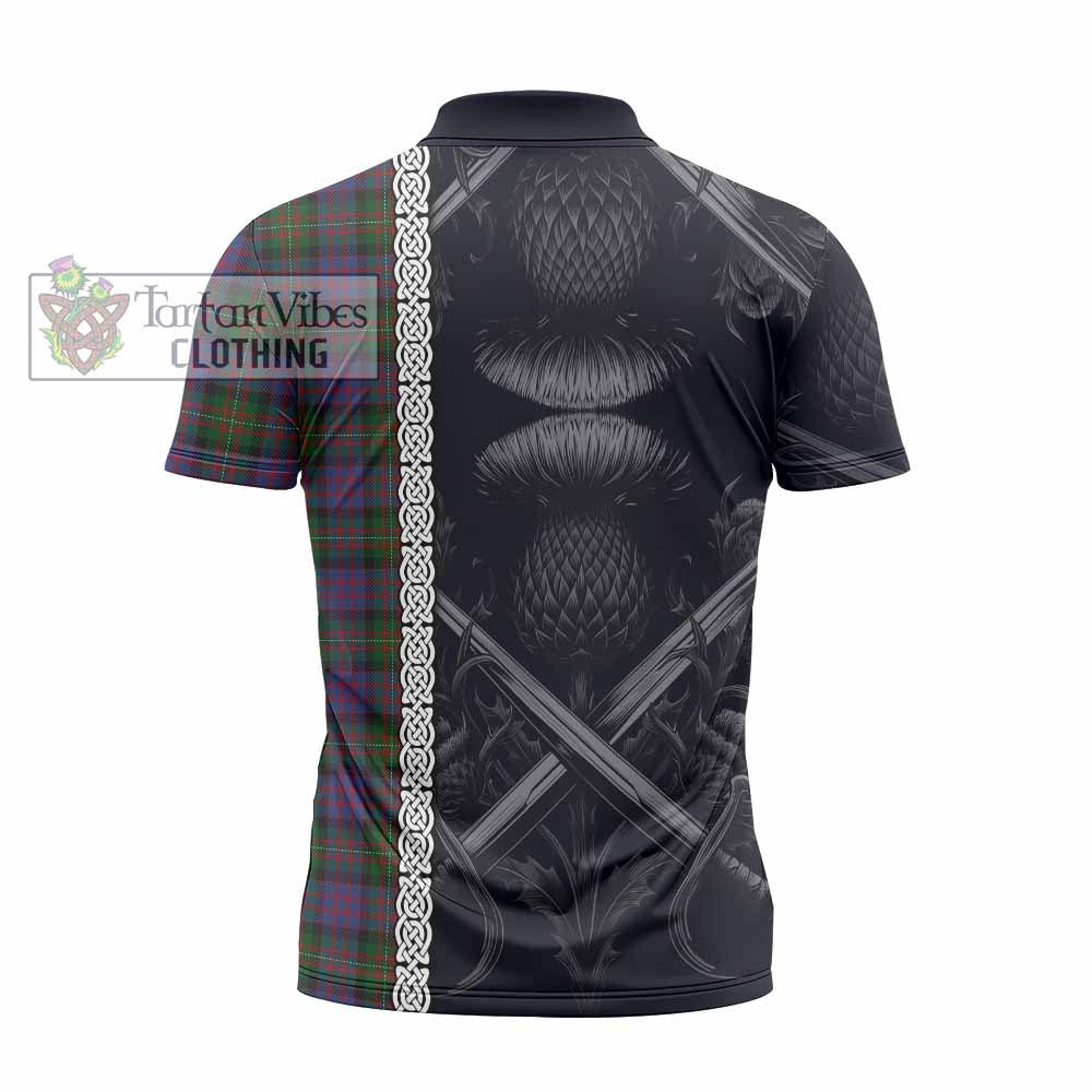 MacDonell (McDonell) Tartan Zipper Polo Shirt with Family Crest Cross Sword Thistle Celtic Vibes - Tartan Vibes Clothing
