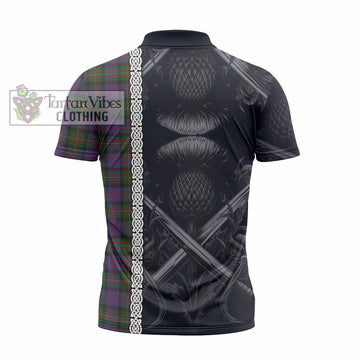 MacDonell (McDonell) Tartan Zipper Polo Shirt with Family Crest Cross Sword Thistle Celtic Vibes - Tartan Vibes Clothing