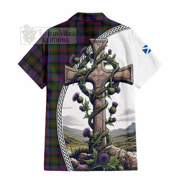 MacDonell (McDonell) Tartan Hawaiian Shirt with Family Crest and St. Andrew's Cross Accented by Thistle Vines - Tartan Vibes Clothing