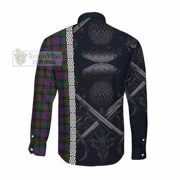 Tartan Vibes Clothing MacDonell (McDonell) Tartan Long Sleeve Button Shirt with Family Crest Cross Sword Thistle Celtic Vibes