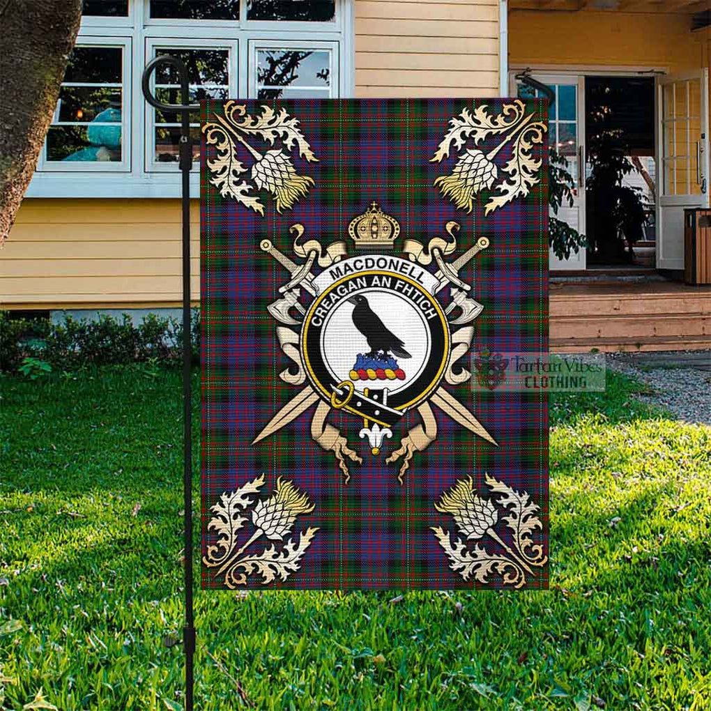 Tartan Vibes Clothing MacDonell (McDonell) Tartan Flag with Family Crest and Golden Thistle Crossed Sword Design