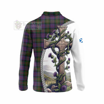 MacDonell (McDonell) Tartan Long Sleeve Polo Shirt with Family Crest and St. Andrew's Cross Accented by Thistle Vines - Tartan Vibes Clothing