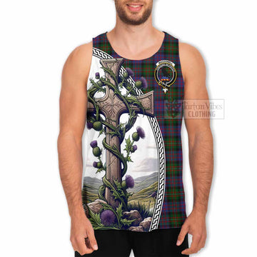 MacDonell (McDonell) Tartan Men's Tank Top with Family Crest and St. Andrew's Cross Accented by Thistle Vines - Tartan Vibes Clothing