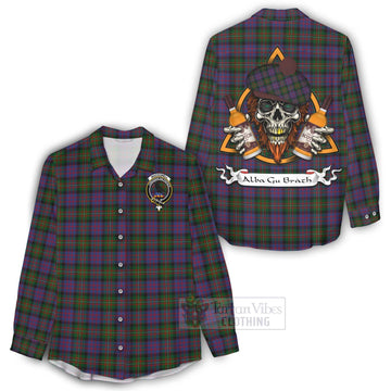 MacDonell (McDonell) Tartan Women's Casual Shirt with Family Crest and Bearded Skull Holding Bottles of Whiskey - Tartan Vibes Clothing