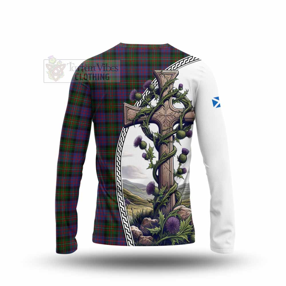 MacDonell (McDonell) Tartan Long Sleeve T-Shirt with Family Crest and St. Andrew's Cross Accented by Thistle Vines - Tartan Vibes Clothing