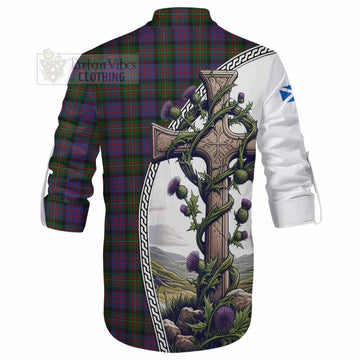MacDonell (McDonell) Tartan Ghillie Kilt Shirt with Family Crest and St. Andrew's Cross Accented by Thistle Vines - Tartan Vibes Clothing