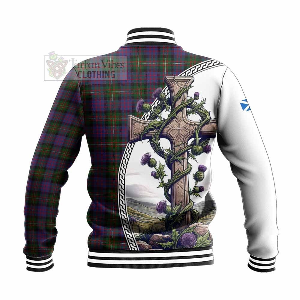 MacDonell (McDonell) Tartan Baseball Jacket with Family Crest and St. Andrew's Cross Accented by Thistle Vines - Tartan Vibes Clothing