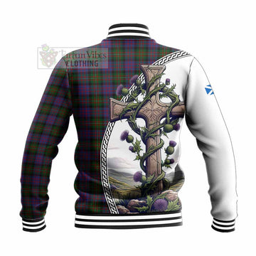 MacDonell (McDonell) Tartan Baseball Jacket with Family Crest and St. Andrew's Cross Accented by Thistle Vines - Tartan Vibes Clothing