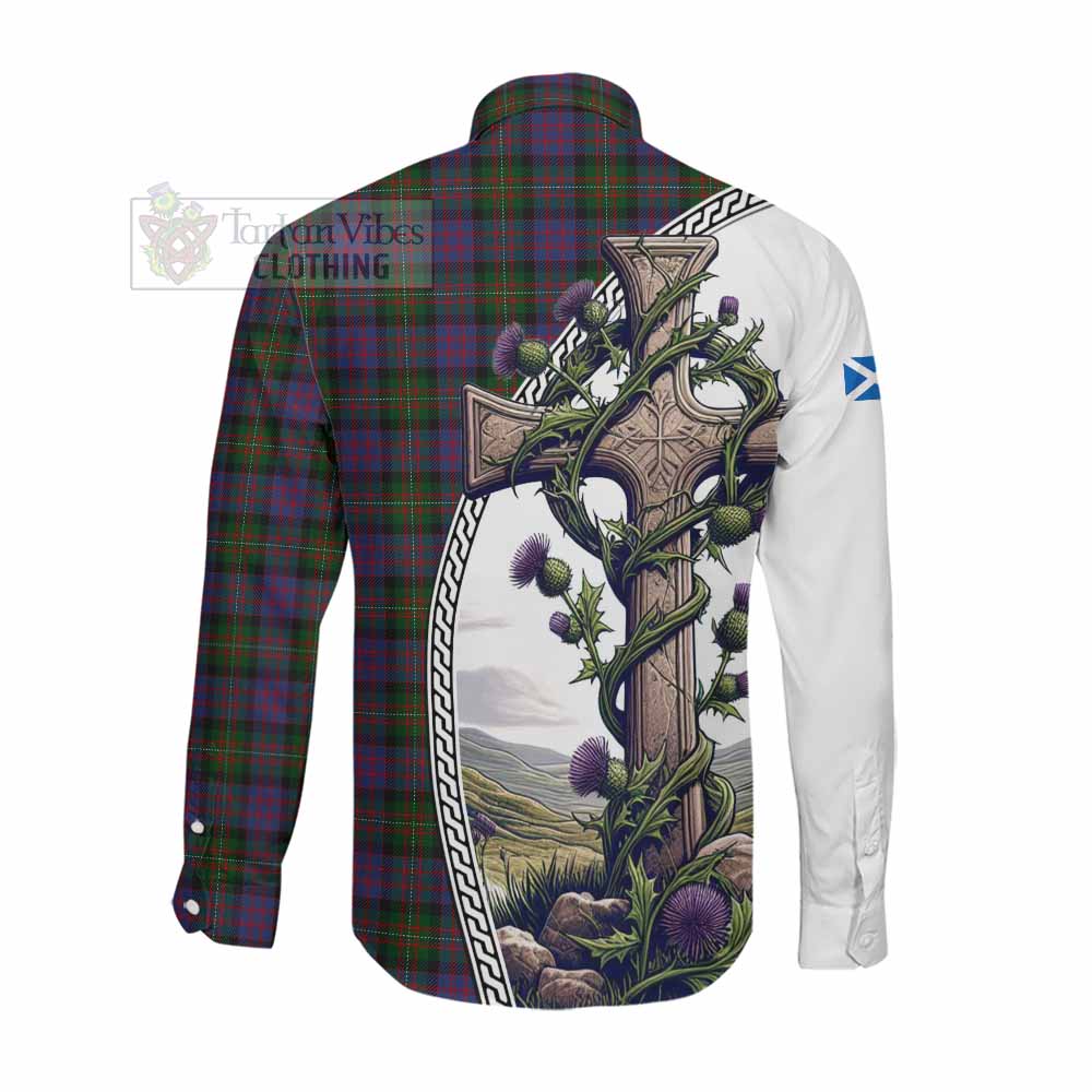MacDonell (McDonell) Tartan Long Sleeve Button Shirt with Family Crest and St. Andrew's Cross Accented by Thistle Vines Men's Shirt - Tartan Vibes Clothing