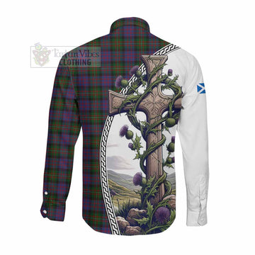 MacDonell (McDonell) Tartan Long Sleeve Button Shirt with Family Crest and St. Andrew's Cross Accented by Thistle Vines Men's Shirt - Tartan Vibes Clothing
