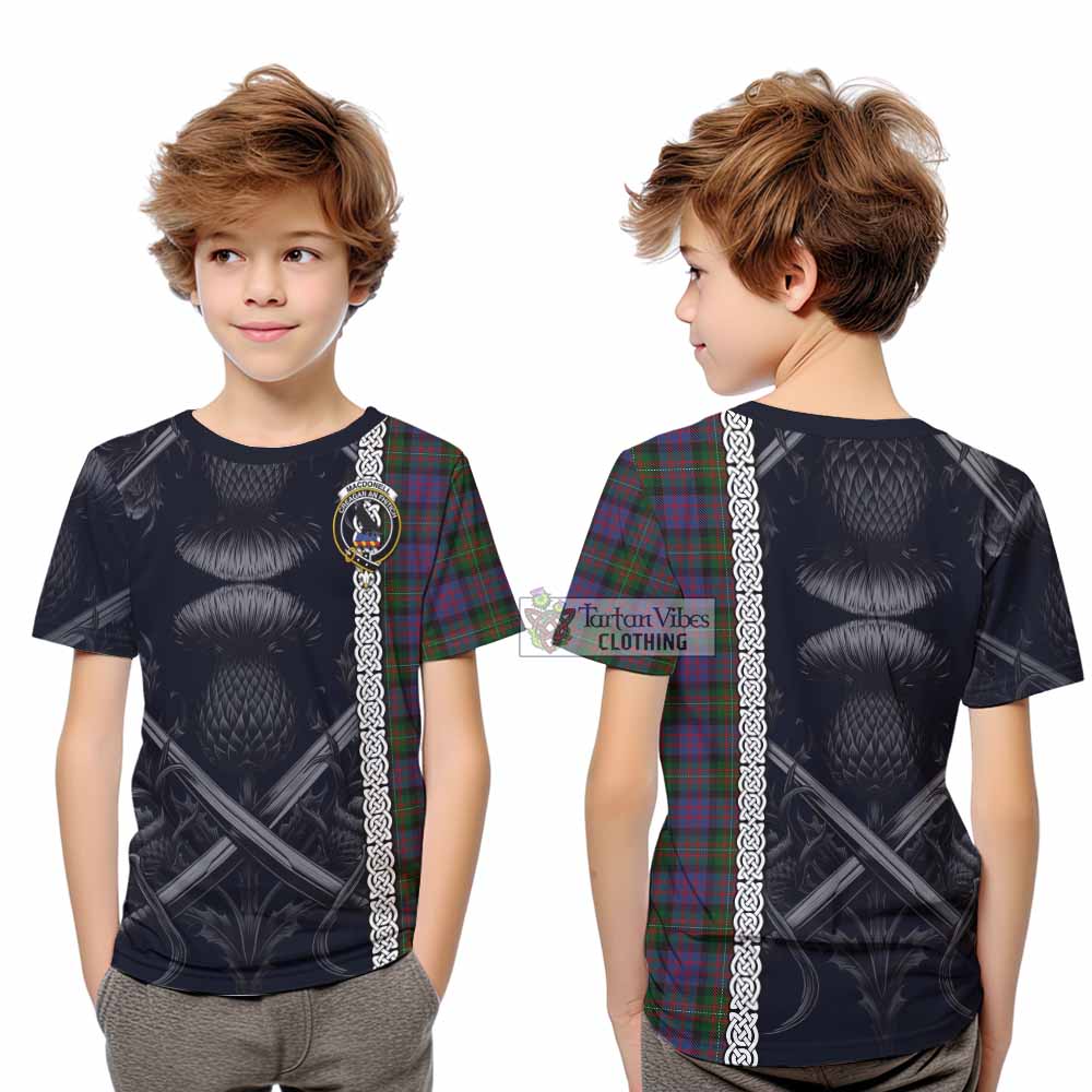 MacDonell (McDonell) Tartan Kid T-Shirt with Family Crest Cross Sword Thistle Celtic Vibes - Tartan Vibes Clothing