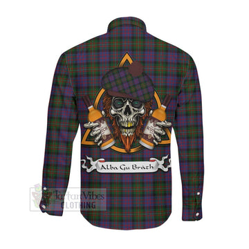 MacDonell (McDonell) Tartan Long Sleeve Button Shirt with Family Crest and Bearded Skull Holding Bottles of Whiskey Men's Shirt - Tartan Vibes Clothing