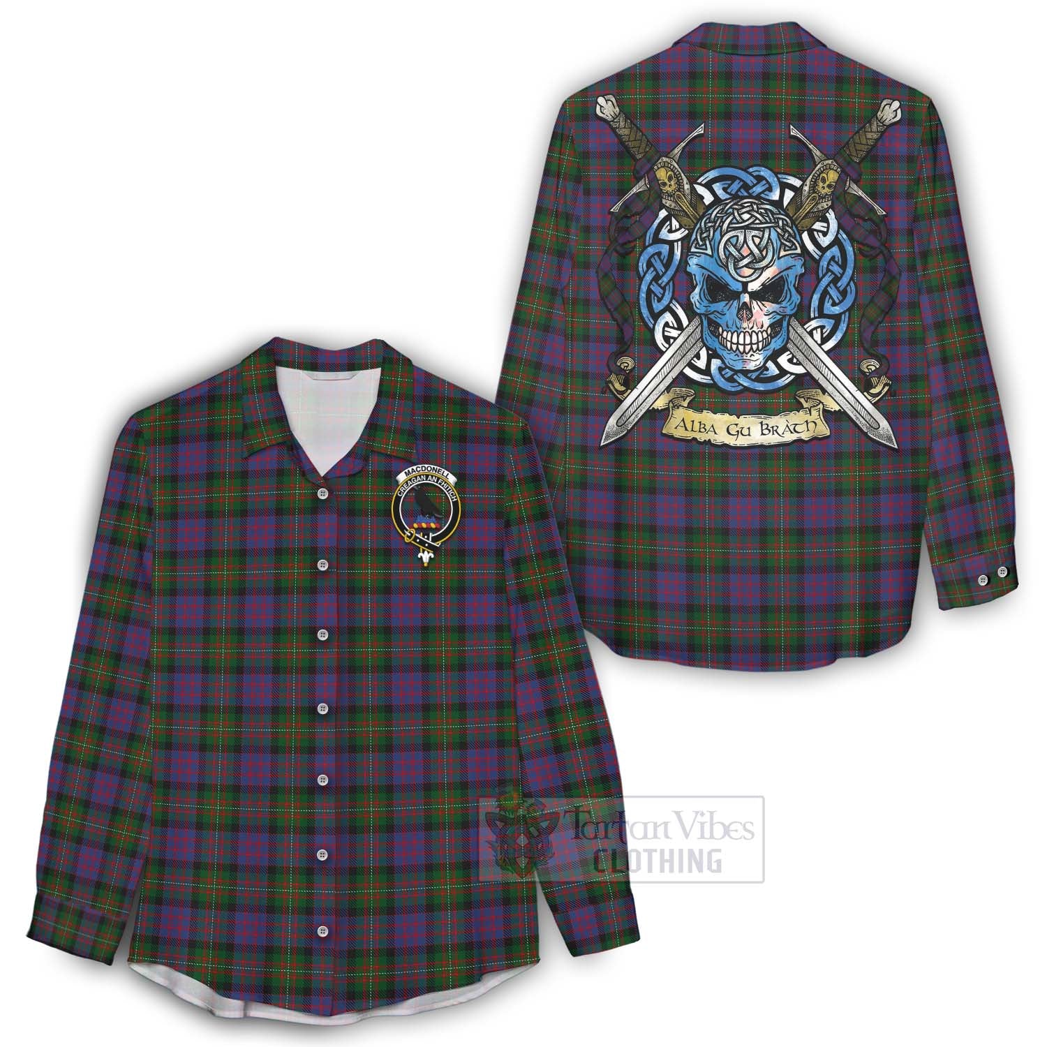 MacDonell (McDonell) Tartan Women's Casual Shirt with Family Crest Celtic Skull Style - Tartan Vibes Clothing