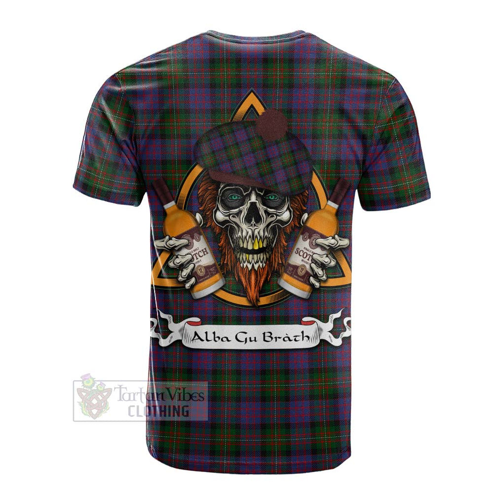 Tartan Vibes Clothing MacDonell (McDonell) Tartan Cotton T-shirt with Family Crest and Bearded Skull Holding Bottles of Whiskey