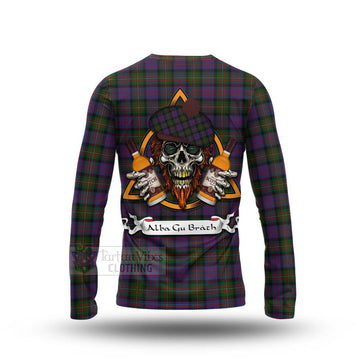 MacDonell (McDonell) Tartan Long Sleeve T-Shirt with Family Crest and Bearded Skull Holding Bottles of Whiskey - Tartan Vibes Clothing