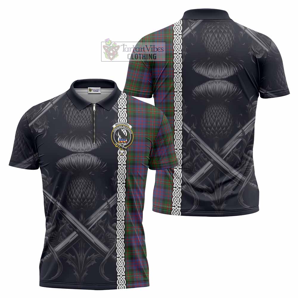 MacDonell (McDonell) Tartan Zipper Polo Shirt with Family Crest Cross Sword Thistle Celtic Vibes - Tartan Vibes Clothing