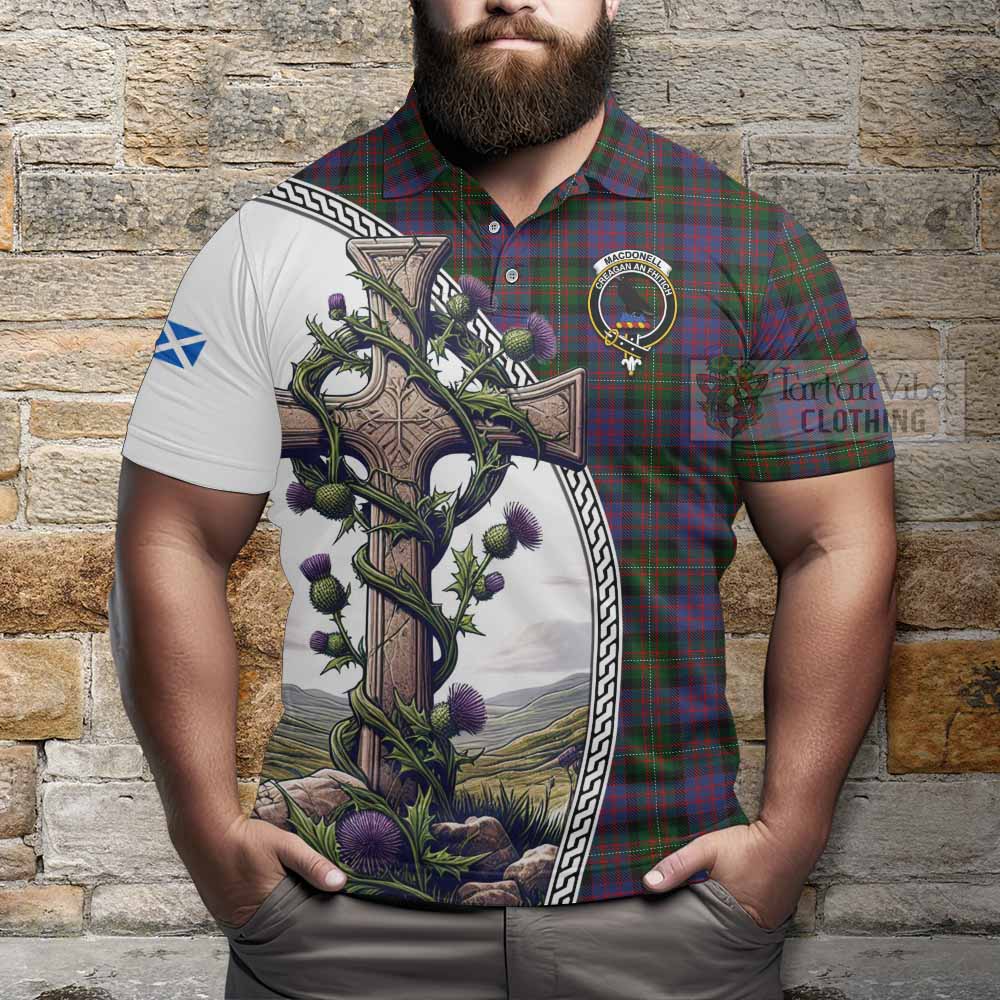 MacDonell (McDonell) Tartan Polo Shirt with Family Crest and St. Andrew's Cross Accented by Thistle Vines - Tartan Vibes Clothing