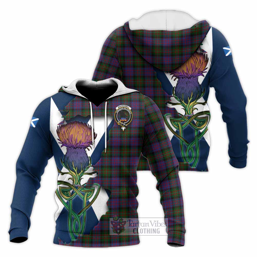 Tartan Vibes Clothing MacDonell (McDonell) Tartan Family Crest Knitted Hoodie Scottish Thistle Celtic Inspired
