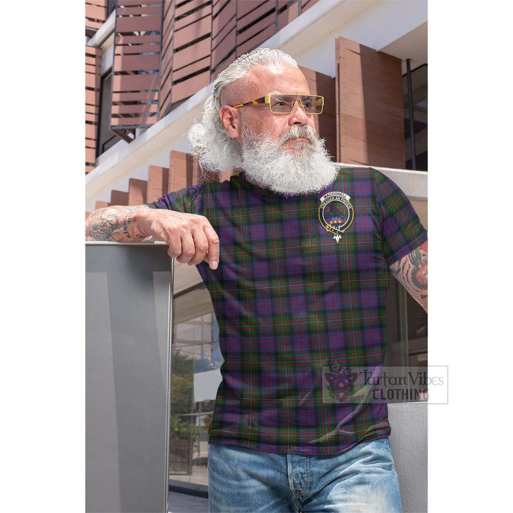 Tartan Vibes Clothing MacDonell (McDonell) Tartan Cotton T-shirt with Family Crest and Bearded Skull Holding Bottles of Whiskey