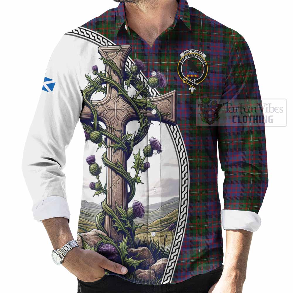 MacDonell (McDonell) Tartan Long Sleeve Button Shirt with Family Crest and St. Andrew's Cross Accented by Thistle Vines - Tartan Vibes Clothing