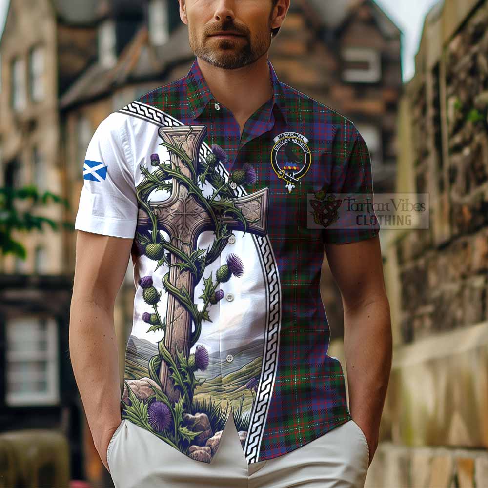 MacDonell (McDonell) Tartan Hawaiian Shirt with Family Crest and St. Andrew's Cross Accented by Thistle Vines - Tartan Vibes Clothing