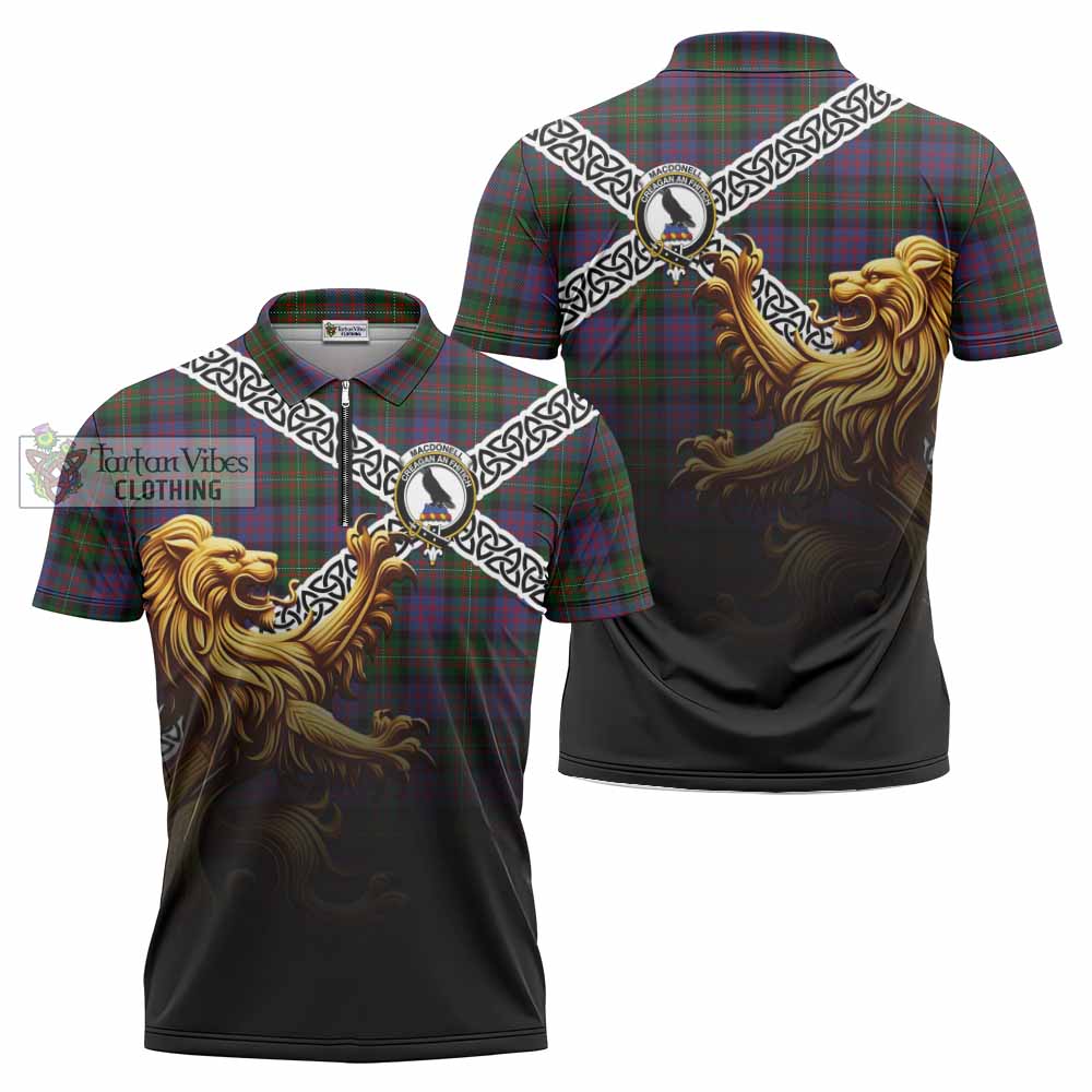 MacDonell (McDonell) Crest Tartan Zipper Polo Shirt with Golden Lion Emblem Celtic Style - Tartan Vibes Clothing