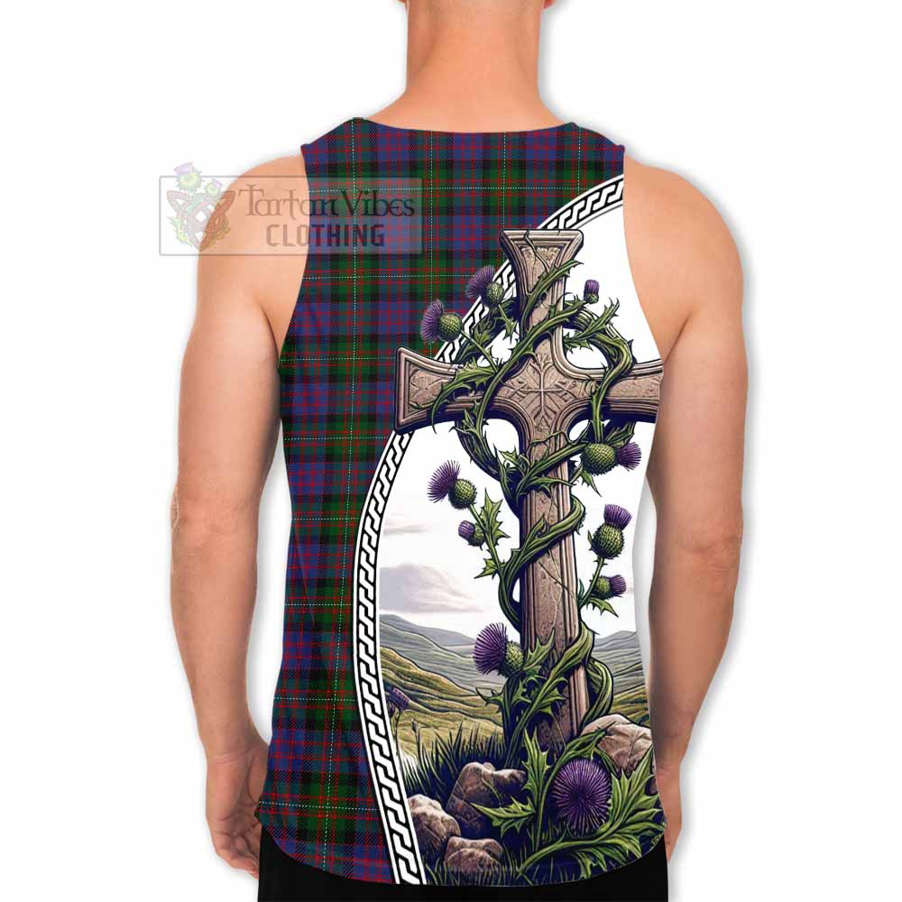 MacDonell (McDonell) Tartan Men's Tank Top with Family Crest and St. Andrew's Cross Accented by Thistle Vines - Tartan Vibes Clothing